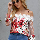 Clasi Blusa Con Estampado Floral Y Hombros Descubiertos Con Lunares Y Guipur En Contraste