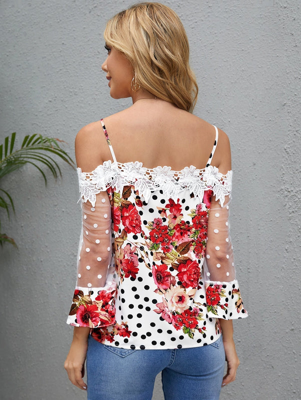 Clasi Blusa Con Estampado Floral Y Hombros Descubiertos Con Lunares Y Guipur En Contraste