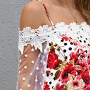 Clasi Blusa Con Estampado Floral Y Hombros Descubiertos Con Lunares Y Guipur En Contraste