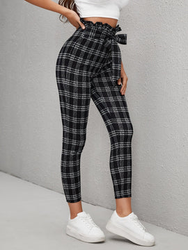 Essnce Pantalones de cuadros con nudo delantero ribete fruncido