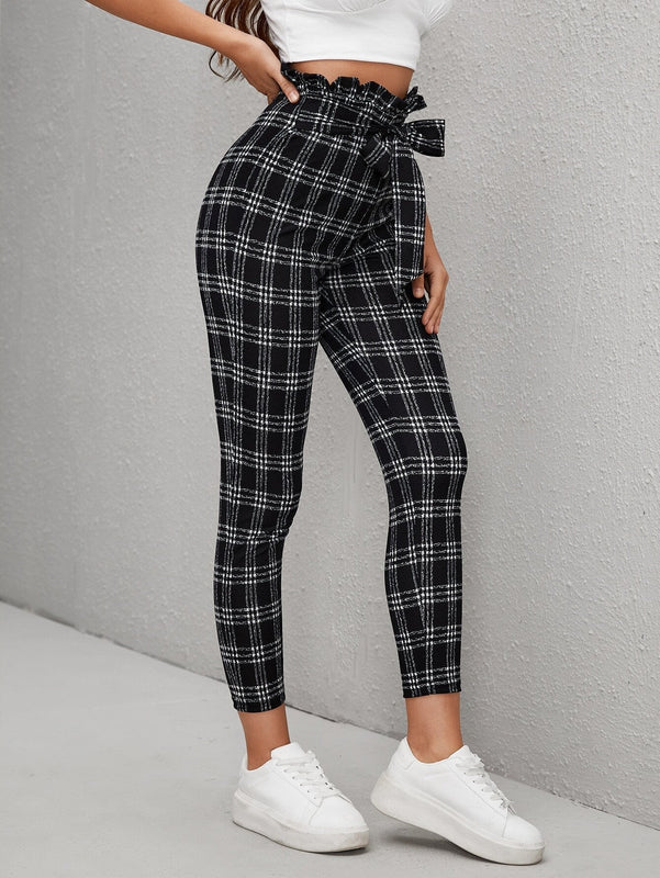 Essnce Pantalones de cuadros con nudo delantero ribete fruncido