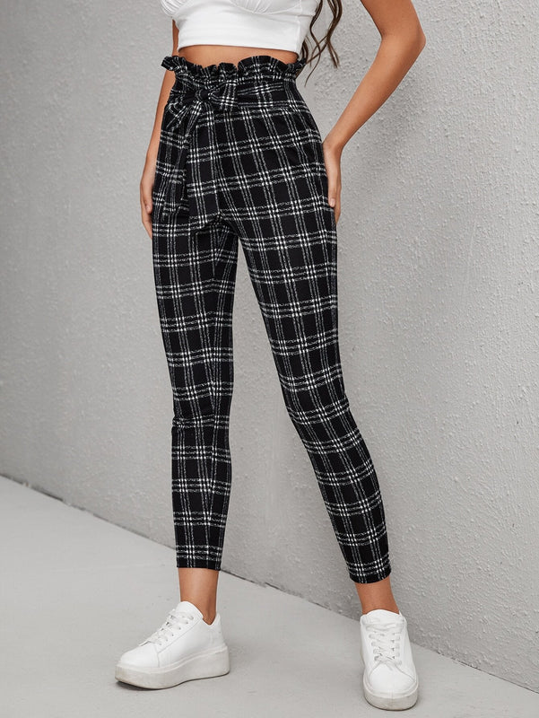 Essnce Pantalones de cuadros con nudo delantero ribete fruncido