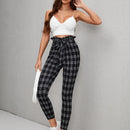 Essnce Pantalones de cuadros con nudo delantero ribete fruncido