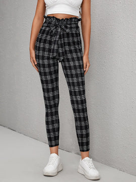 Essnce Pantalones de cuadros con nudo delantero ribete fruncido