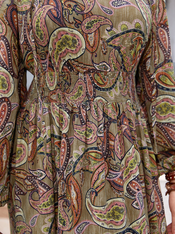 Rusttydustty Vestido con estampado de cintura fruncido de cuello con cordon de manga farol bajo con fruncido
