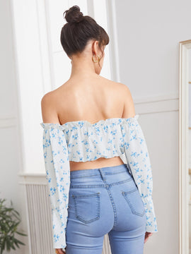 VCAY Top corto de hombros descubiertos con estampado floral de manga con volante con cordon delantero