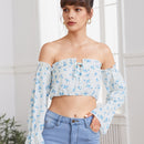 VCAY Top corto de hombros descubiertos con estampado floral de manga con volante con cordon delantero