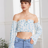 VCAY Top corto de hombros descubiertos con estampado floral de manga con volante con cordon delantero