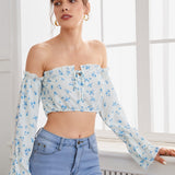 VCAY Top corto de hombros descubiertos con estampado floral de manga con volante con cordon delantero