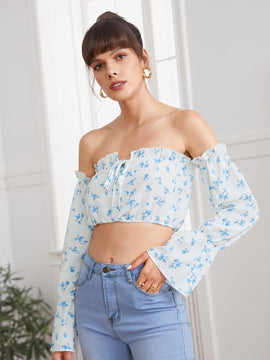 VCAY Top corto de hombros descubiertos con estampado floral de manga con volante con cordon delantero
