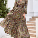 Rusttydustty Vestido con estampado de cintura fruncido de cuello con cordon de manga farol bajo con fruncido