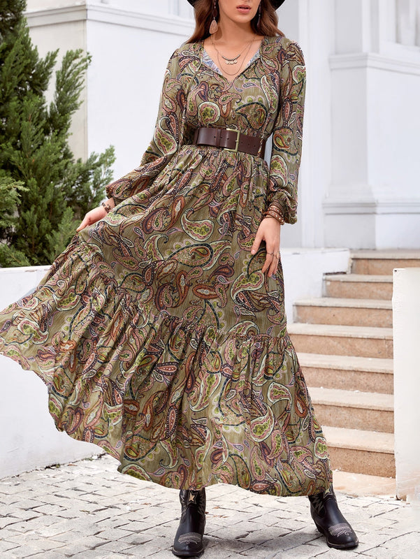 Rusttydustty Vestido con estampado de cintura fruncido de cuello con cordon de manga farol bajo con fruncido