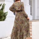 Rusttydustty Vestido con estampado de cintura fruncido de cuello con cordon de manga farol bajo con fruncido