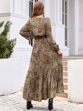 Rusttydustty Vestido con estampado de cintura fruncido de cuello con cordon de manga farol bajo con fruncido