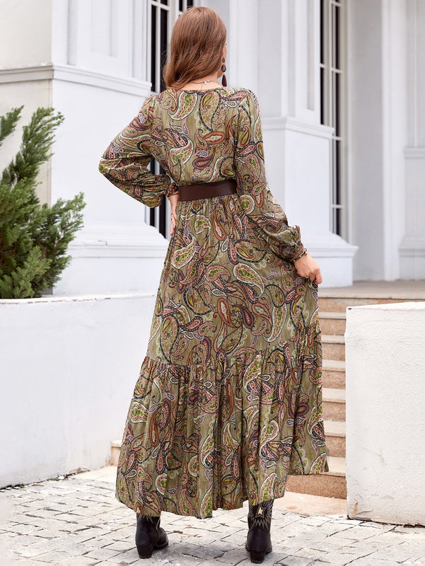 Rusttydustty Vestido con estampado de cintura fruncido de cuello con cordon de manga farol bajo con fruncido