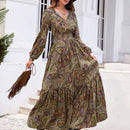 Rusttydustty Vestido con estampado de cintura fruncido de cuello con cordon de manga farol bajo con fruncido