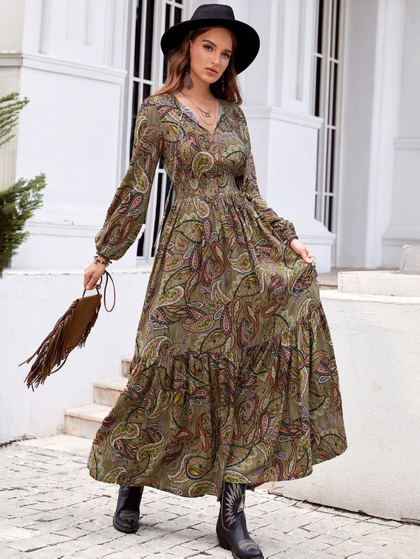Rusttydustty Vestido con estampado de cintura fruncido de cuello con cordon de manga farol bajo con fruncido