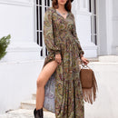 Rusttydustty Vestido con estampado de cintura fruncido de cuello con cordon de manga farol bajo con fruncido