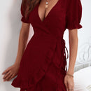 Prive Vestido cruzado de manga farol bajo con fruncido con nudo lateral