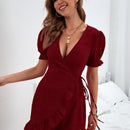 Prive Vestido cruzado de manga farol bajo con fruncido con nudo lateral