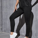 EZwear Pantalones de color liso para mujer con cintura alta, cremallera, entrelazado de encaje y nudo ajustado, para primavera y verano