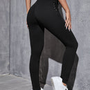 EZwear Pantalones de color liso para mujer con cintura alta, cremallera, entrelazado de encaje y nudo ajustado, para primavera y verano