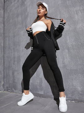 EZwear Pantalones de color liso para mujer con cintura alta, cremallera, entrelazado de encaje y nudo ajustado, para primavera y verano