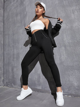 EZwear Pantalones de color liso para mujer con cintura alta, cremallera, entrelazado de encaje y nudo ajustado, para primavera y verano