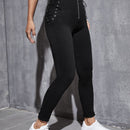 EZwear Pantalones de color liso para mujer con cintura alta, cremallera, entrelazado de encaje y nudo ajustado, para primavera y verano