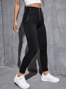 EZwear Pantalones de color liso para mujer con cintura alta, cremallera, entrelazado de encaje y nudo ajustado, para primavera y verano