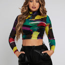 SXY Top con estampado de pincelada de cuello alzado de malla