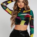 SXY Top con estampado de pincelada de cuello alzado de malla