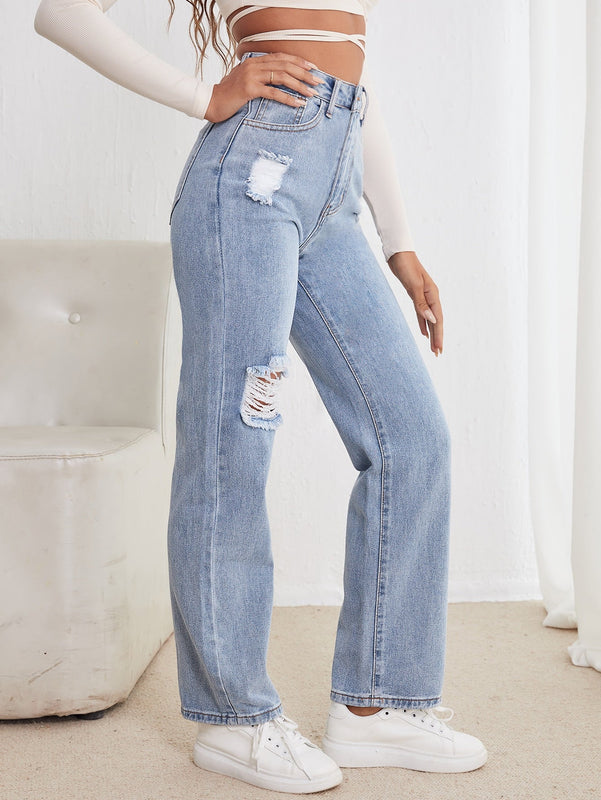 Jeans desgarro de talle alto de pierna recta