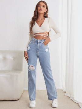 Jeans desgarro de talle alto de pierna recta