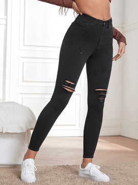 Essnce Pantalones ajustados rasgados de talle alto en color liso para mujeres, para primavera y verano