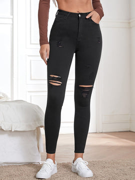 Essnce Pantalones ajustados rasgados de talle alto en color liso para mujeres, para primavera y verano