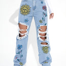 Jeans de pierna recta floral de talle alto
