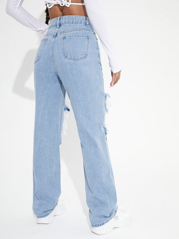 Jeans de pierna recta floral de talle alto