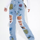 Jeans de pierna recta floral de talle alto