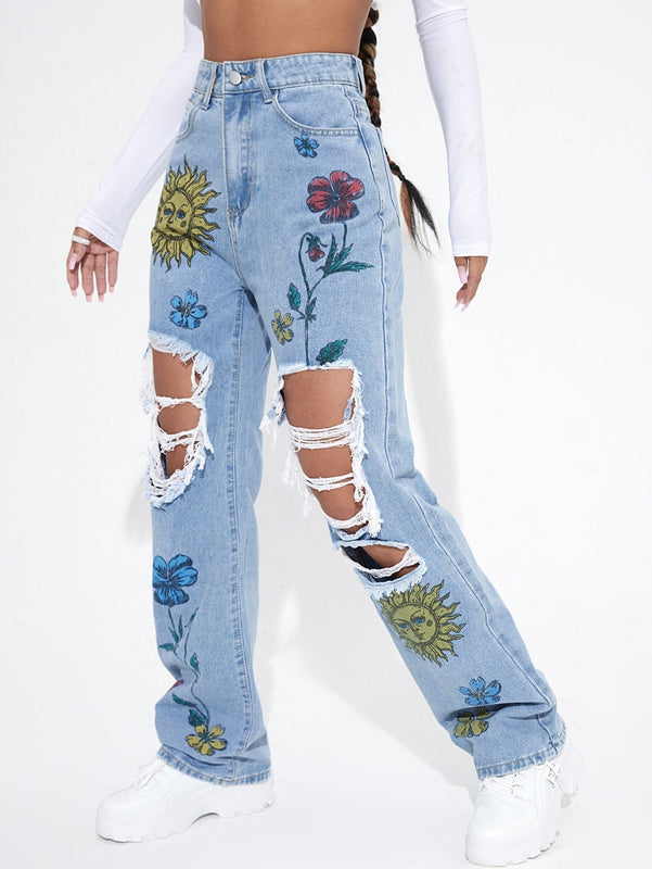Jeans de pierna recta floral de talle alto