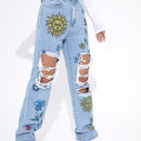 Jeans de pierna recta floral de talle alto