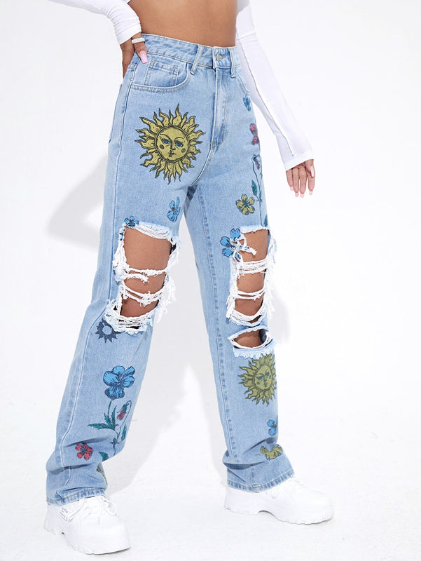 Jeans de pierna recta floral de talle alto
