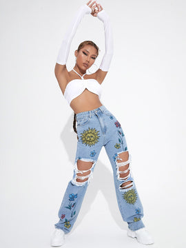 Jeans de pierna recta floral de talle alto