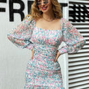 Eilly Bazar Vestido ajustado floral fruncido bajo fruncido de manga farol
