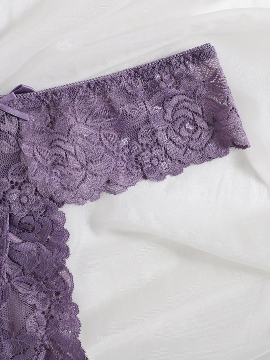 Lenceria En Forma De Tanga Decorada Con Lazo Y Encaje Floral