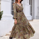 Rusttydustty Vestido con estampado de cintura fruncido de cuello con cordon de manga farol bajo con fruncido