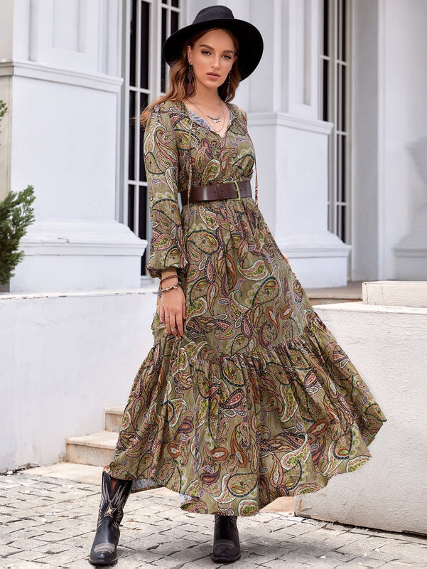 Rusttydustty Vestido con estampado de cintura fruncido de cuello con cordon de manga farol bajo con fruncido