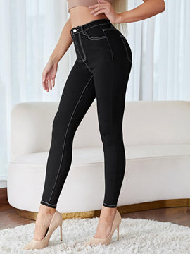 Frenchy Pantalon casual de mujer de primavera/verano negro ajustado y solido con costuras de contraste