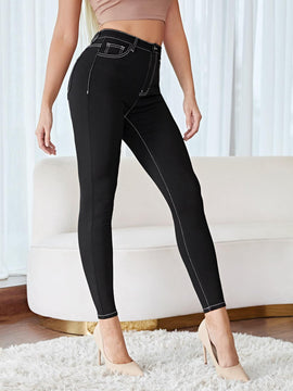 Frenchy Pantalon casual de mujer de primavera/verano negro ajustado y solido con costuras de contraste