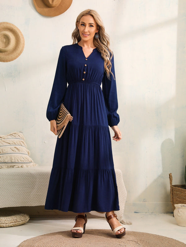 EMERY ROSE Vestido de cuello notch de manga farol bajo con fruncido
